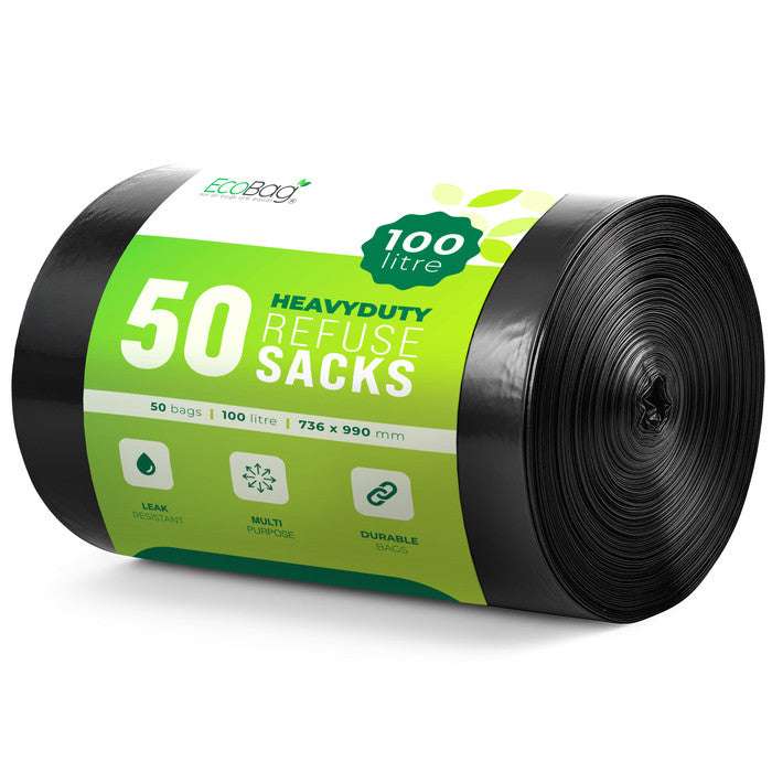 EcoBag - 50 Pack Extra Strong Heavy Duty Refuse Sacks - 100L - 33 Micron - Recyclable Bin Bags, Leak Resistant, Eco-Friendly, Durable Waste Disposal Bags for Household & Commercial Use