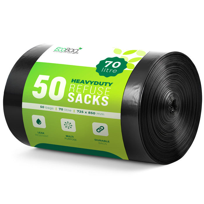 EcoBag - 50 Pack Extra Strong Heavy Duty Refuse Sacks - 70L - 33 Micron - Recyclable Bin Bags, Leak Resistant, Eco-Friendly, Durable Waste Disposal Bags for Household & Commercial Use