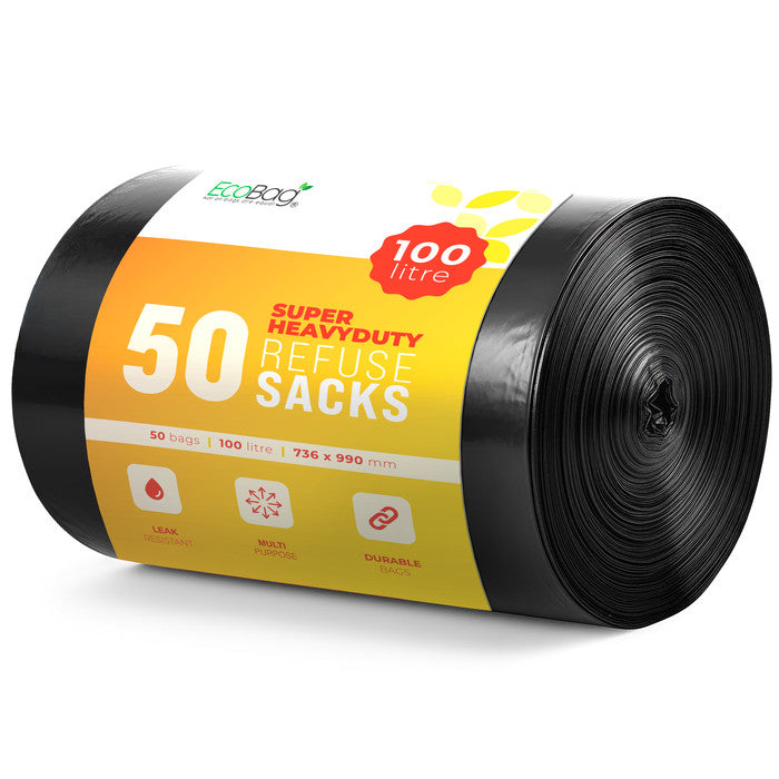 EcoBag - 50 Pack Extra Strong Heavy Duty Refuse Sacks - Recyclable Bin Bags, Leak Resistant, Eco-Friendly, Durable Waste Disposal Bags for Household & Commercial Use - 35 Micron - 100L