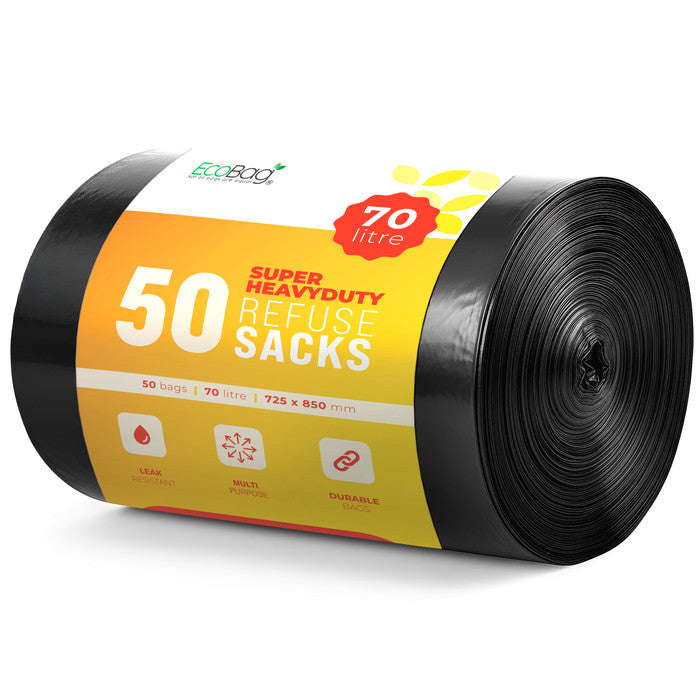 EcoBag - 50 Pack Extra Strong Heavy Duty Refuse Sacks - Recyclable Bin Bags, Leak Resistant, Eco-Friendly, Durable Waste Disposal Bags for Household & Commercial Use - 35 Micron - 70 L