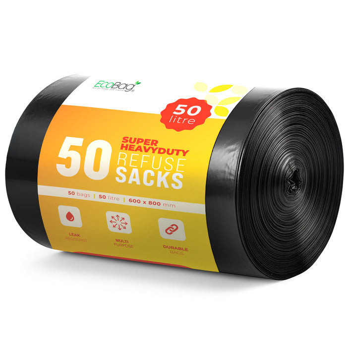EcoBag - 50 Pack Extra Strong Heavy Duty Refuse Sacks - Recyclable Bin Bags, Leak Resistant, Eco-Friendly, Durable Waste Disposal Bags for Household & Commercial Use - 35 Micron - 50 L