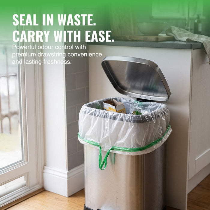 EcoBag - White Kitchen Drawstring Bin Liner - 30L - 25 Micron - Heavy Duty, Extra Strong, Eco-Friendly, Tear Resistant & Recyclable