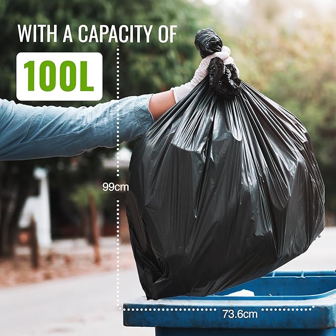 EcoBag - 10 Pack Extra Strong Heavy Duty Refuse Sacks - 100L - 35 Micron - Recyclable, Leak Resistant, Eco-Friendly & Durable