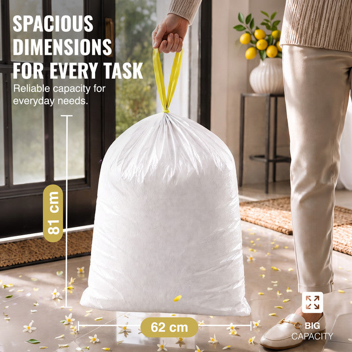 EcoBag - White Kitchen Drawstring Bin Liner - 60L - 28 Micron - Durable, Eco-Friendly, Tear Resistant, Clear Recycling Bags