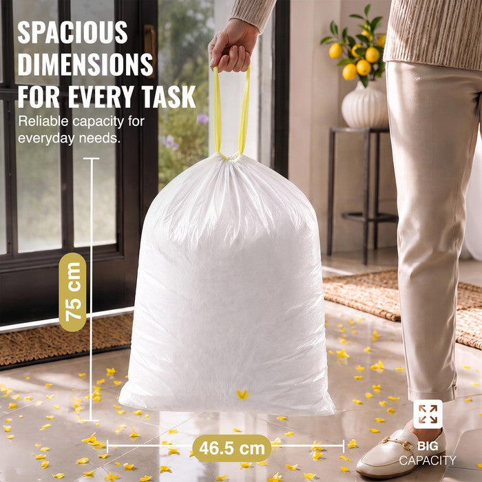 EcoBag - White Kitchen Drawstring Bin Liner - 30L - 25 Micron - Heavy Duty, Extra Strong, Eco-Friendly, Tear Resistant & Recyclable