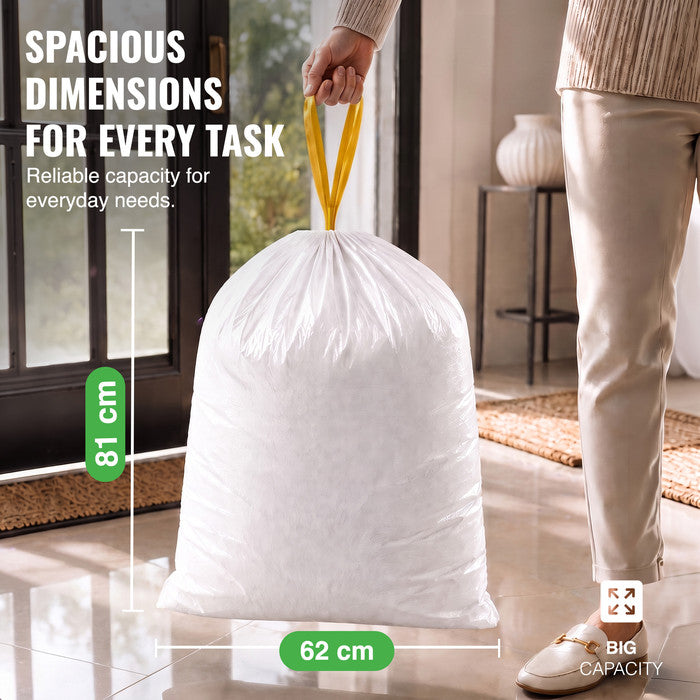 EcoBag - White Kitchen Drawstring Bin Liner - 60L - 28 Micron - Durable, Eco-Friendly, Tear Resistant, Clear Recycling Bags