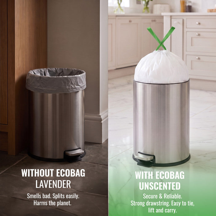 EcoBag - White Kitchen Drawstring Bin Liner - 30L - 25 Micron - Heavy Duty, Extra Strong, Eco-Friendly, Tear Resistant & Recyclable