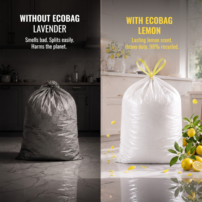 EcoBag - White Kitchen Drawstring Bin Liner - 60L - 28 Micron - Durable, Eco-Friendly, Tear Resistant, Clear Recycling Bags