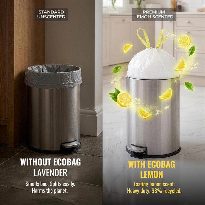 EcoBag - White Kitchen Drawstring Bin Liner - 30L - 25 Micron - Heavy Duty, Extra Strong, Eco-Friendly, Tear Resistant & Recyclable