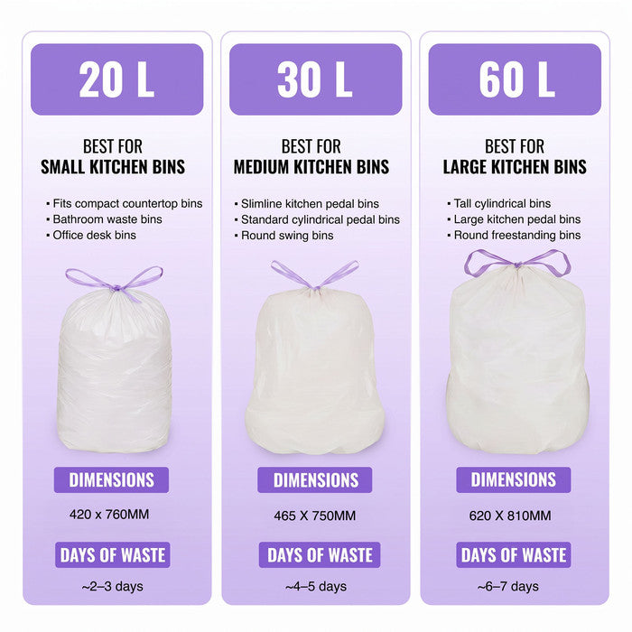 EcoBag - White Kitchen Drawstring Bin Liner - 60L - 28 Micron - Durable, Eco-Friendly, Tear Resistant, Clear Recycling Bags