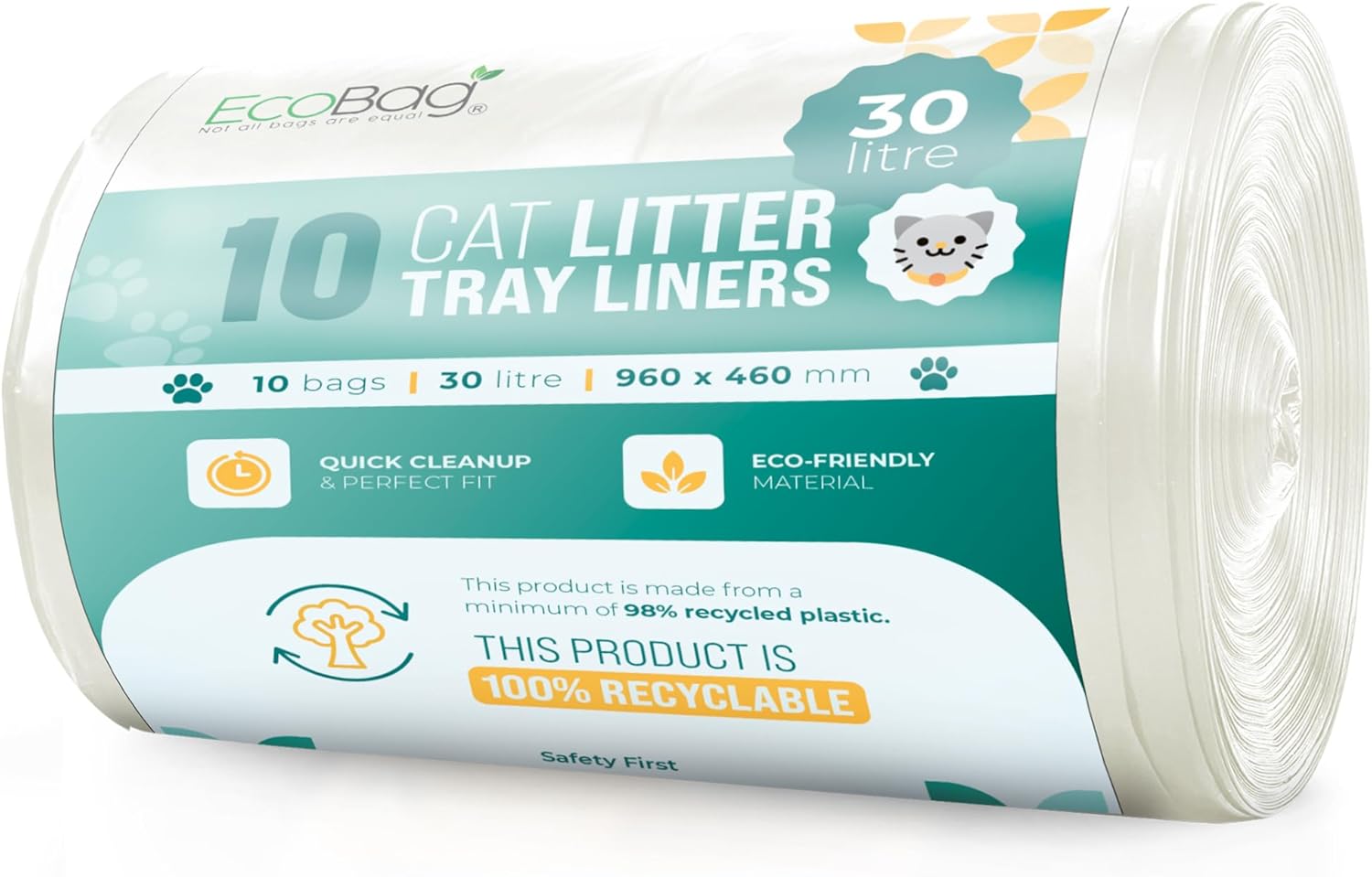 Ecobag - 10 Pack Cat Litter Tray Liners - 30L - 27 Microns - Heavy Duty Cat Litter Bags, Recycled Litter Liners, Durable Tray Liners, Eco-Friendly & Easy to Dispose (960 x 460 mm)