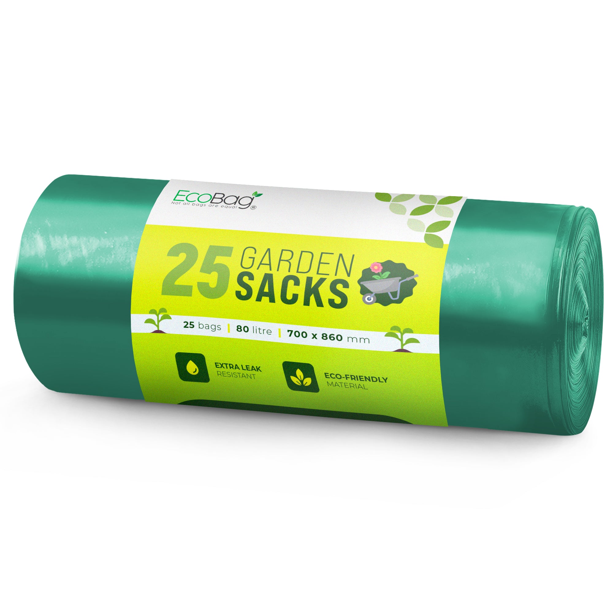 EcoBag - 25 Pack Extra Strong Heavy Duty Garden Sacks - 80L - Recyclable, Leak Resistant, Eco-Friendly & Durable