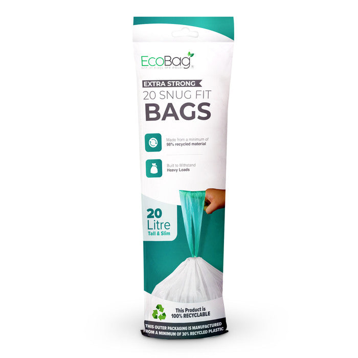 EcoBag - White Kitchen Drawstring Bin Liner - 20L - 24 Micron - Heavy Duty, Extra Strong, Eco-Friendly, Tear Resistant & Recyclable