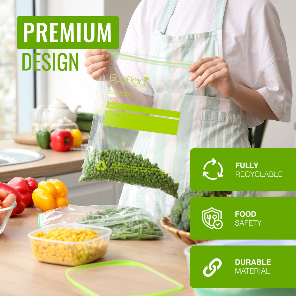 Ecobag- 20 Pack Reusable Freezer/Sandwich Bags - 4.5 Litre Size, 35 Microns - Eco-Friendly Sugarcane Plastic - Recyclable & Reusable- 250x300mm