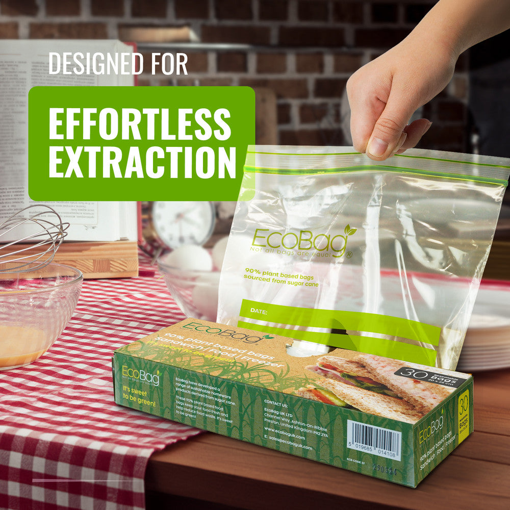 Ecobag- 30 Pack Reusable Freezer/Sandwich Bags - 2.5 Litre Size, 35 Microns - Eco-Friendly Sugarcane Plastic - Recyclable & Reusable- 200x250mm