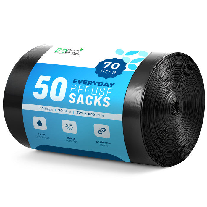 EcoBag Refuse Sacks, Recyclable & Leak Resistant, 70L Everyday (30µm) | 50 pack, 98% recycled plastic, 725 x 850mm, leak-resistant & eco-friendly, for household & commercial use