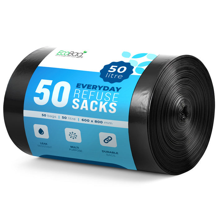 EcoBag Refuse Sacks, Recyclable & Leak Resistant, 50L Everyday (30µm) | 50 pack, 98% recycled plastic, 600 x 800mm, leak-resistant & eco-friendly, for household & commercial use