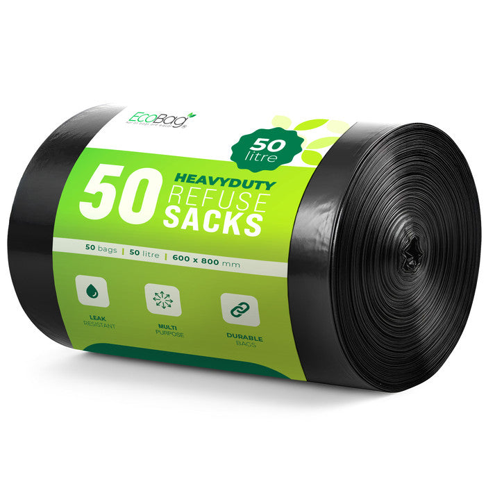 EcoBag - 50 Pack Extra Strong Heavy Duty Refuse Sacks - 50L - 33 Micron - Recyclable Bin Bags, Leak Resistant, Eco-Friendly, Durable Waste Disposal Bags for Household & Commercial Use