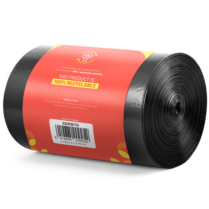 EcoBag - 50 Pack Extra Strong Heavy Duty Refuse Sacks - Recyclable Bin Bags, Leak Resistant, Eco-Friendly, Durable Waste Disposal Bags for Household & Commercial Use - 35 Micron - 70 L