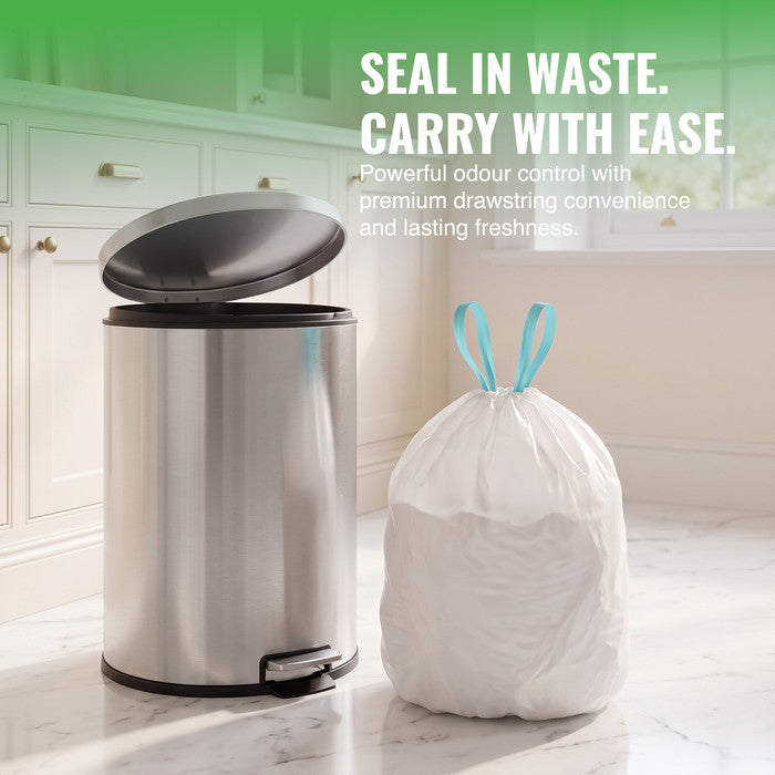 EcoBag - White Kitchen Drawstring Bin Liner - 20L - 24 Micron - Heavy Duty, Extra Strong, Eco-Friendly, Tear Resistant & Recyclable