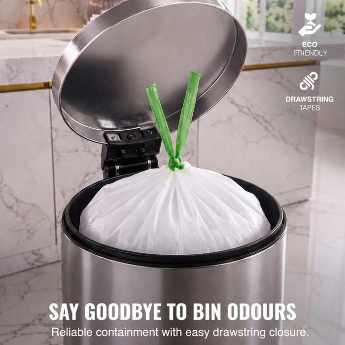 EcoBag - White Kitchen Drawstring Bin Liner - 30L - 25 Micron - Heavy Duty, Extra Strong, Eco-Friendly, Tear Resistant & Recyclable
