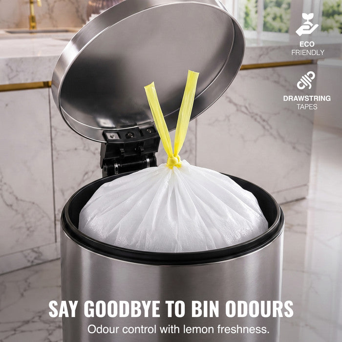 EcoBag - White Kitchen Drawstring Bin Liner - 30L - 25 Micron - Heavy Duty, Extra Strong, Eco-Friendly, Tear Resistant & Recyclable