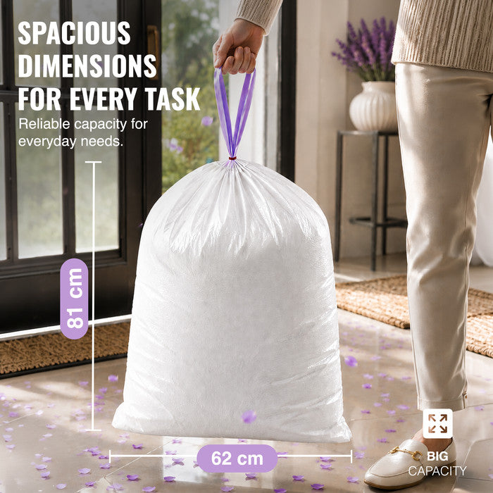 EcoBag - White Kitchen Drawstring Bin Liner - 60L - 28 Micron - Durable, Eco-Friendly, Tear Resistant, Clear Recycling Bags