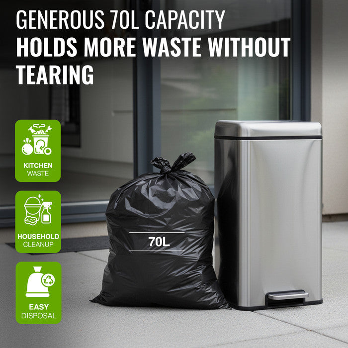 EcoBag - 50 Pack Extra Strong Heavy Duty Refuse Sacks - 70L - 33 Micron - Recyclable Bin Bags, Leak Resistant, Eco-Friendly, Durable Waste Disposal Bags for Household & Commercial Use