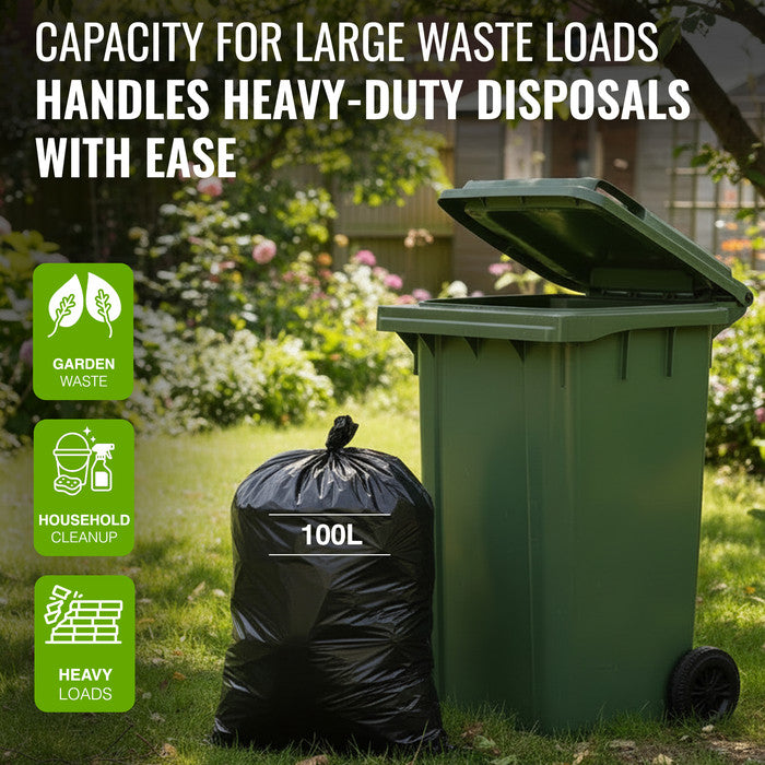 EcoBag - 50 Pack Extra Strong Heavy Duty Refuse Sacks - Recyclable Bin Bags, Leak Resistant, Eco-Friendly, Durable Waste Disposal Bags for Household & Commercial Use - 35 Micron - 100L