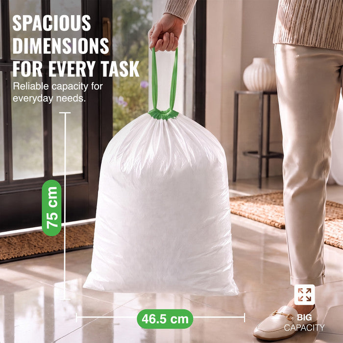 EcoBag - White Kitchen Drawstring Bin Liner - 30L - 25 Micron - Heavy Duty, Extra Strong, Eco-Friendly, Tear Resistant & Recyclable