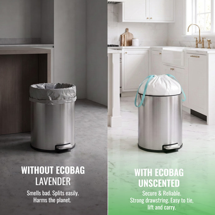 EcoBag - White Kitchen Drawstring Bin Liner - 20L - 24 Micron - Heavy Duty, Extra Strong, Eco-Friendly, Tear Resistant & Recyclable