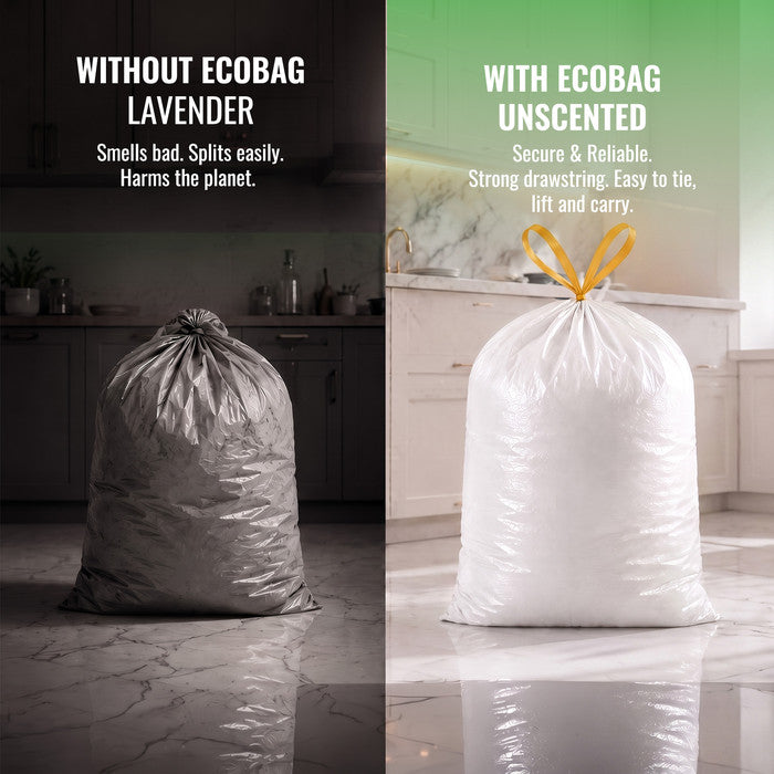 EcoBag - White Kitchen Drawstring Bin Liner - 60L - 28 Micron - Durable, Eco-Friendly, Tear Resistant, Clear Recycling Bags
