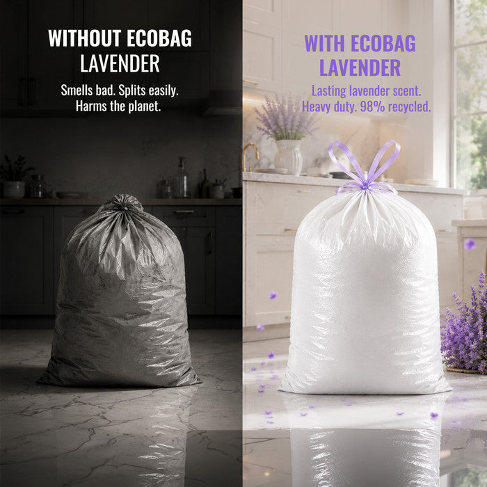 EcoBag - White Kitchen Drawstring Bin Liner - 60L - 28 Micron - Durable, Eco-Friendly, Tear Resistant, Clear Recycling Bags