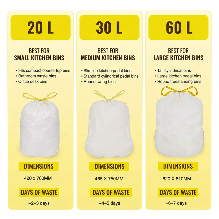 EcoBag - White Kitchen Drawstring Bin Liner - 60L - 28 Micron - Durable, Eco-Friendly, Tear Resistant, Clear Recycling Bags
