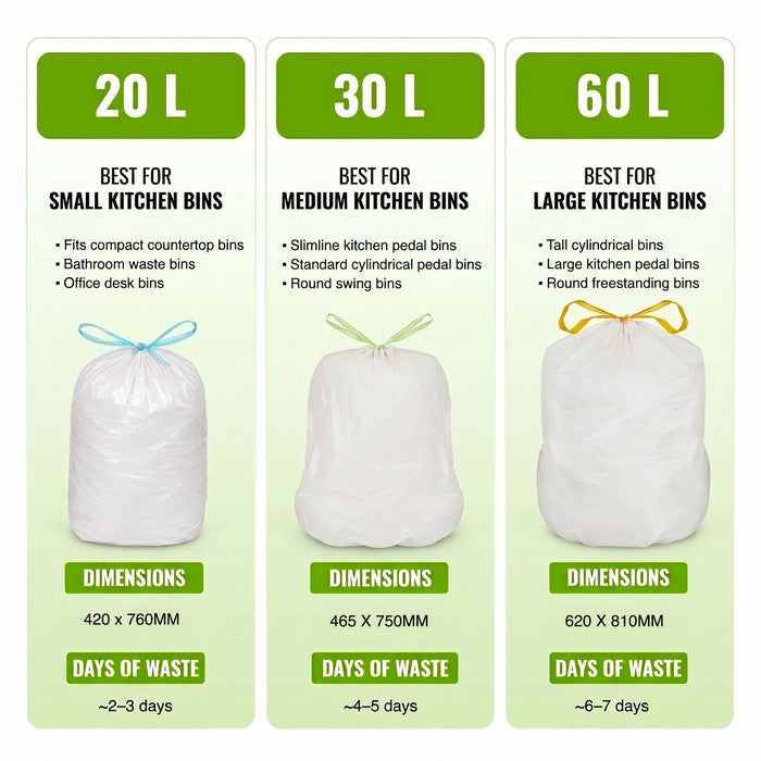 EcoBag - White Kitchen Drawstring Bin Liner - 60L - 28 Micron - Durable, Eco-Friendly, Tear Resistant, Clear Recycling Bags