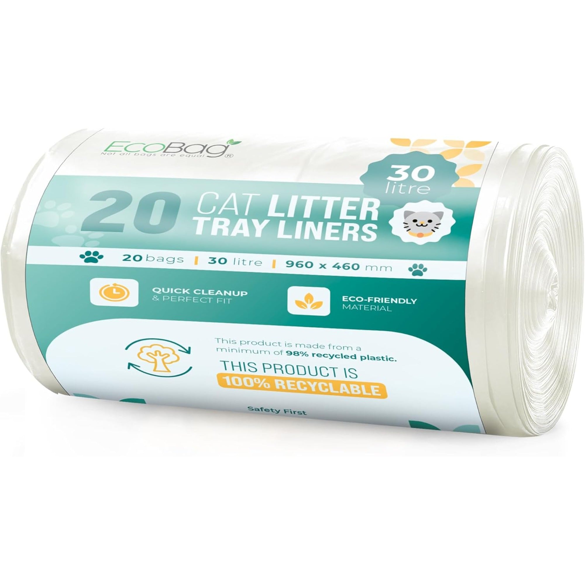 Ecobag - 20 Pack Cat Litter Tray Liners - 30L - 27 Microns - Heavy Duty Cat Litter Bags, Recycled Litter Liners, Durable Tray Liners, Eco-Friendly & Easy to Dispose (960 x 460 mm)