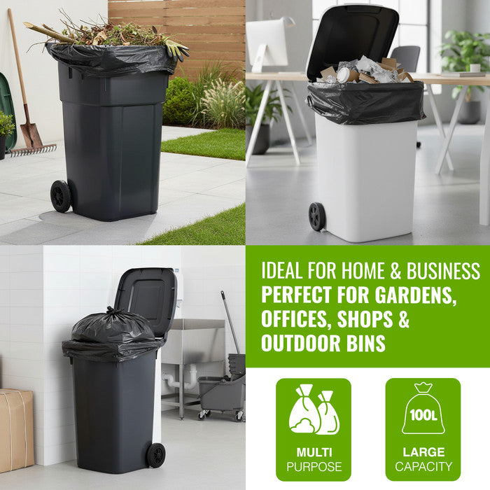 EcoBag - 50 Pack Extra Strong Heavy Duty Refuse Sacks - 100L - 30 Micron - Recyclable Bin Bags, Leak Resistant, Eco-Friendly, Durable Waste Disposal Bags for Household & Commercial Use