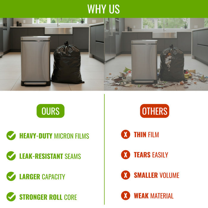 EcoBag - 50 Pack Extra Strong Heavy Duty Refuse Sacks - 70L - 33 Micron - Recyclable Bin Bags, Leak Resistant, Eco-Friendly, Durable Waste Disposal Bags for Household & Commercial Use
