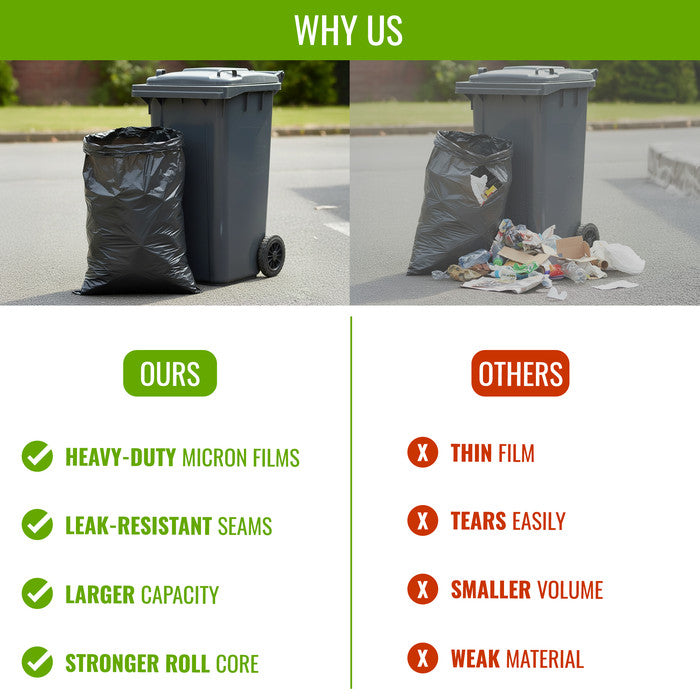 EcoBag - 50 Pack Extra Strong Heavy Duty Refuse Sacks - 100L - 30 Micron - Recyclable Bin Bags, Leak Resistant, Eco-Friendly, Durable Waste Disposal Bags for Household & Commercial Use