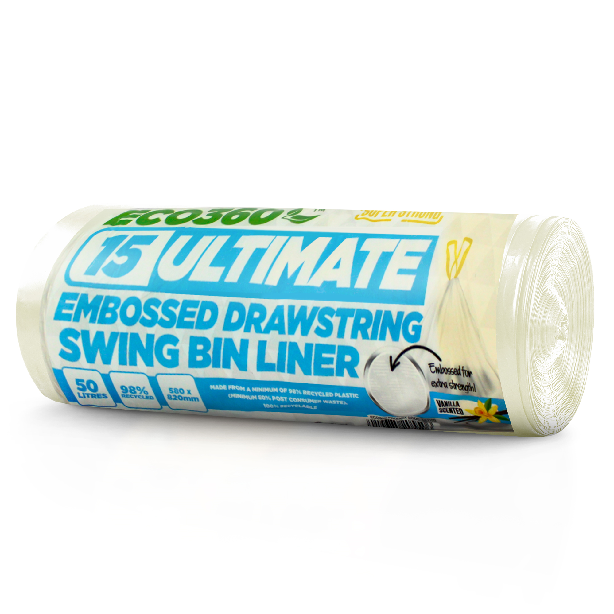 EcoBag - 15 Pack - 16 Micron - Vanilla Scented Ultimate Embossed Kitchen Drawstring Pedal Bin Liners - 50L - Recycled & Eco-Friendly