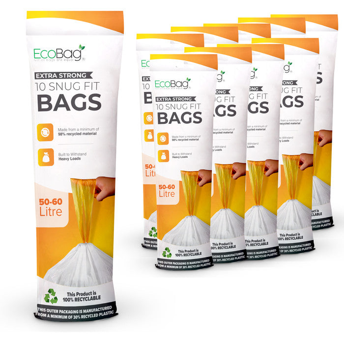 EcoBag - 100 Pack White Kitchen Drawstring Bin Liner - 50-60L - 28 Microns - Heavy Duty, Extra Strong, Eco-Friendly, Tear Resistant, Clear Recycling Bags (620 x 810mm)