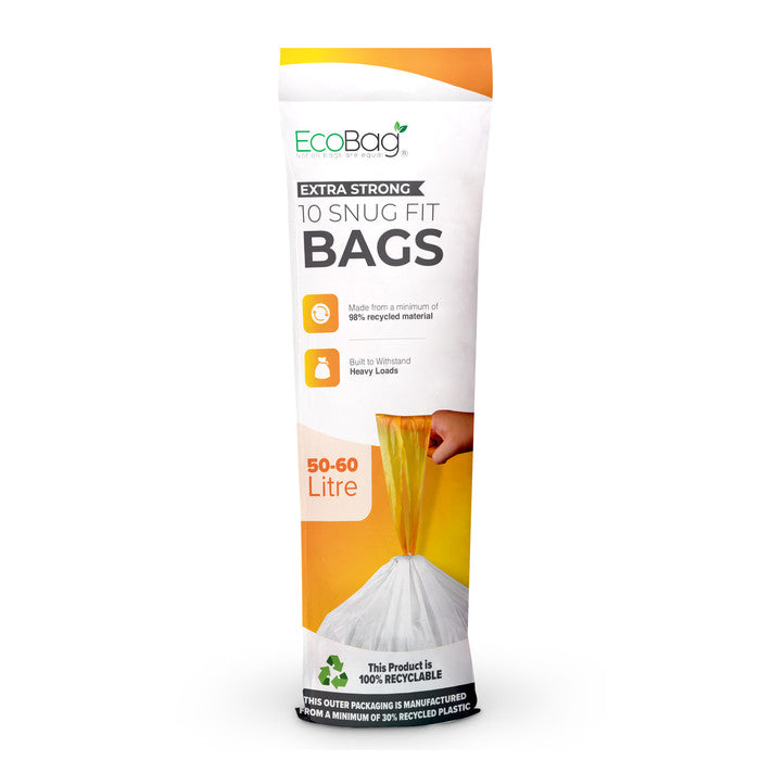 EcoBag - White Kitchen Drawstring Bin Liner - 60L - 28 Micron - Durable, Eco-Friendly, Tear Resistant, Clear Recycling Bags