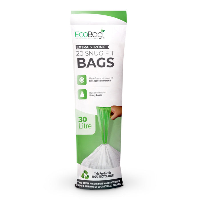 EcoBag - White Kitchen Drawstring Bin Liner - 30L - 25 Micron - Heavy Duty, Extra Strong, Eco-Friendly, Tear Resistant & Recyclable