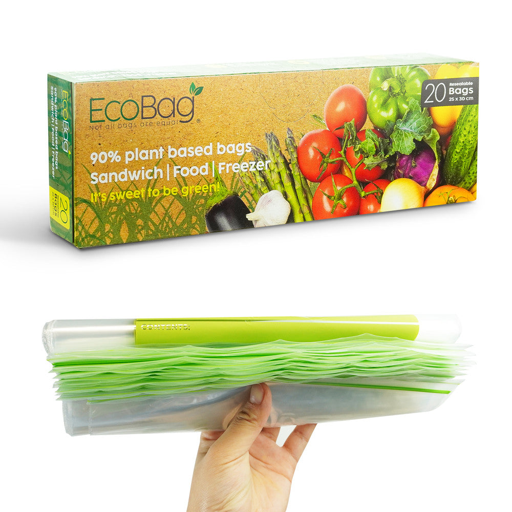 Ecobag- 20 Pack Reusable Freezer/Sandwich Bags - 4.5 Litre Size, 35 Microns - Eco-Friendly Sugarcane Plastic - Recyclable & Reusable- 250x300mm