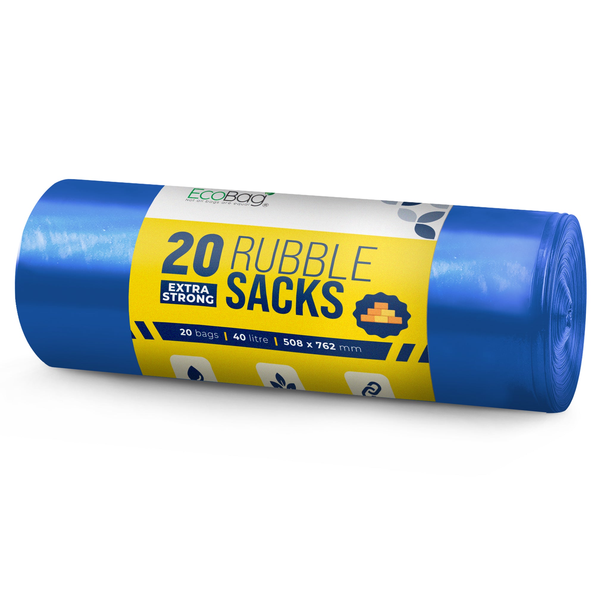 EcoBag - 20 Pack Blue Rubble Bags - 40L - 100 Microns - Recyclable Heavy Duty Bin Bags - Leak Resistant Rubble Sacks for Garden, Builders, Caterers, Kitchen, DIY (508 x 762mm)