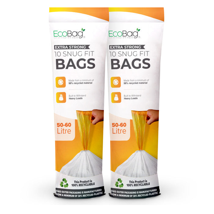 EcoBag - White Kitchen Drawstring Bin Liner - 60L - 28 Micron - Durable, Eco-Friendly, Tear Resistant, Clear Recycling Bags
