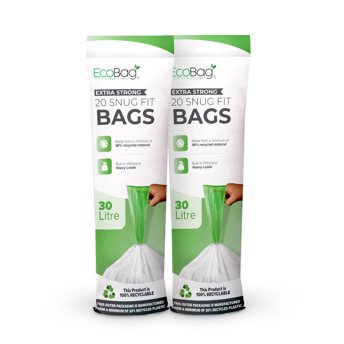 EcoBag - White Kitchen Drawstring Bin Liner - 30L - 25 Micron - Heavy Duty, Extra Strong, Eco-Friendly, Tear Resistant & Recyclable