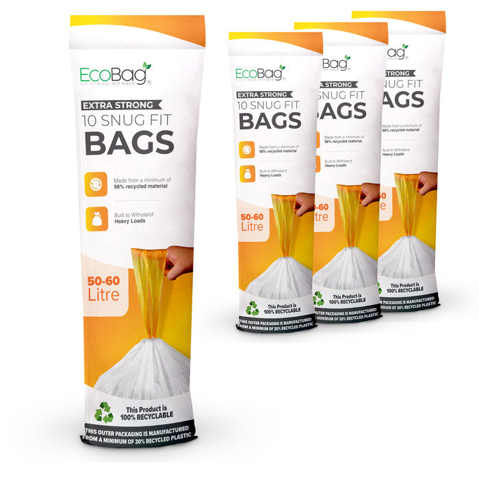EcoBag - 40 Pack White Kitchen Drawstring Bin Liner - 50-60L - 28 Microns - Heavy Duty, Extra Strong, Eco-Friendly, Tear Resistant, Clear Recycling Bags (620 x 810mm)