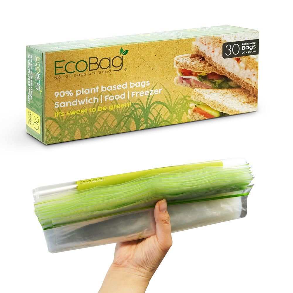Ecobag- 30 Pack Reusable Freezer/Sandwich Bags - 2.5 Litre Size, 35 Microns - Eco-Friendly Sugarcane Plastic - Recyclable & Reusable- 200x250mm