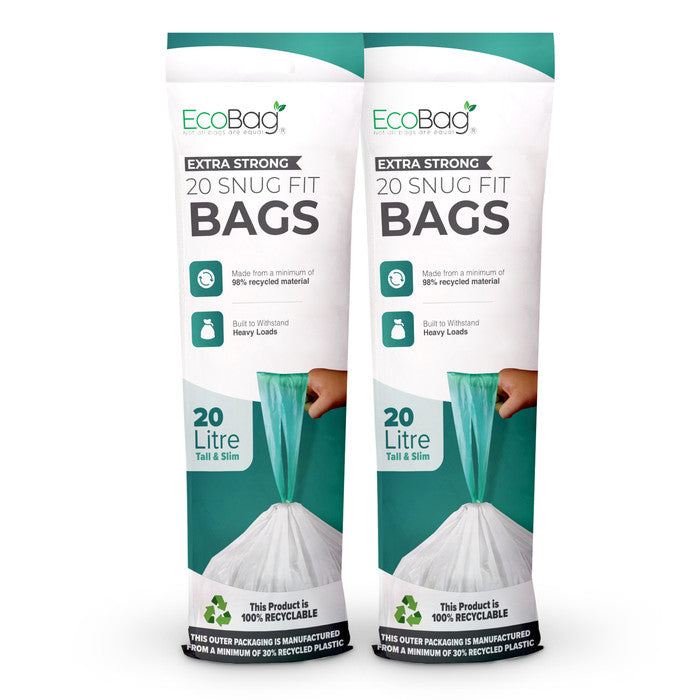 EcoBag - White Kitchen Drawstring Bin Liner - 20L - 24 Micron - Heavy Duty, Extra Strong, Eco-Friendly, Tear Resistant & Recyclable